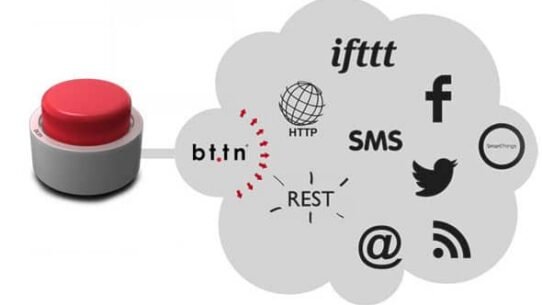 Bouton rouge connecté à divers services numériques