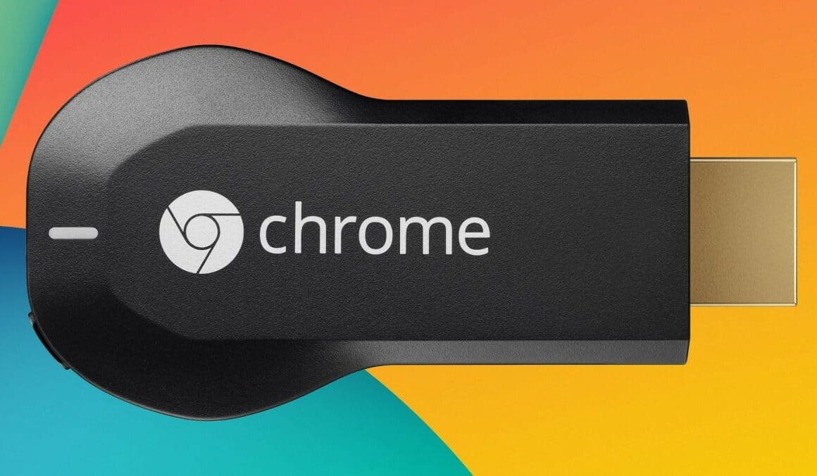Clé HDMI Chromecast sur fond orange et bleu
