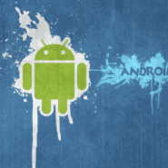 Logo Android vert sur fond bleu avec éclaboussures blanches