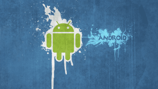 Logo Android vert sur fond bleu avec éclaboussures blanches