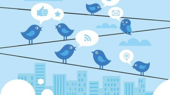 Illustration d'oiseaux bleus sur des fils avec des bulles de médias sociaux