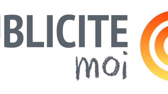 Logo de Publicité Moi avec texte gris et cercles orange