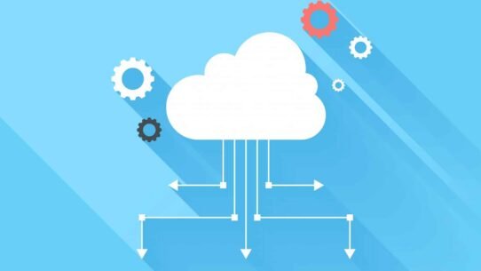 Illustration de cloud computing avec des flèches et des engrenages