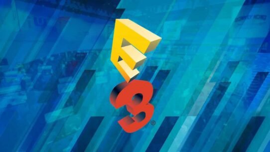 Logo E3 sur fond bleu avec effets graphiques