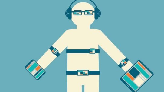 Illustration d'une personne équipée de divers appareils technologiques portables