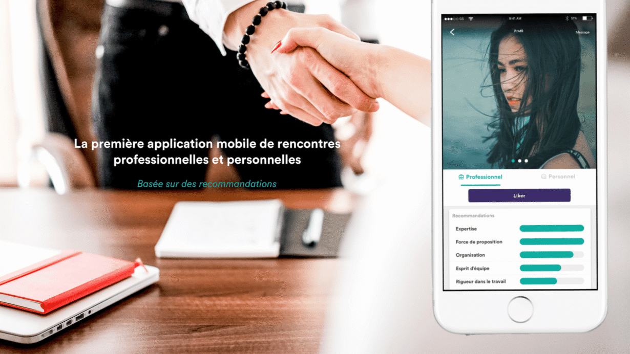 Poignée de main et écran de smartphone avec application de rencontres