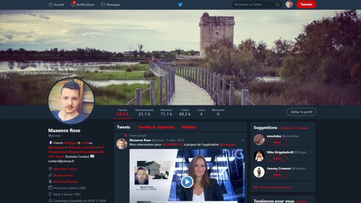 Capture d'écran d'un profil Twitter avec une photo de couverture panoramique.