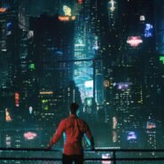 Homme regardant une ville futuriste illuminée de nuit