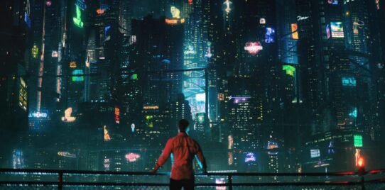 Homme regardant une ville futuriste illuminée de nuit