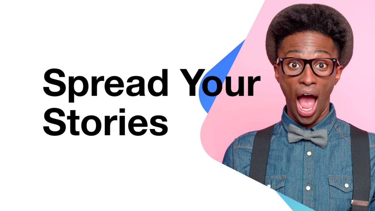 Homme surpris sur fond coloré avec texte Spread Your Stories