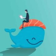 Homme en costume assis sur une baleine bleue avec un ordinateur