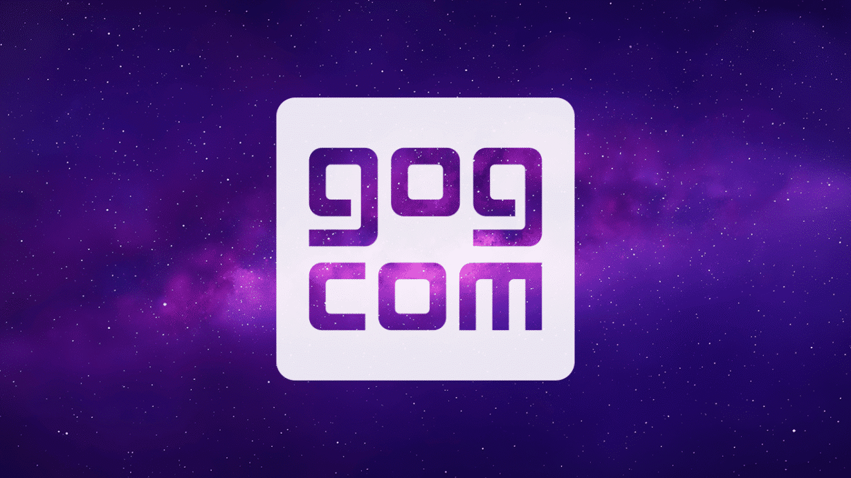 Logo de GOG.com avec fond étoilé violet