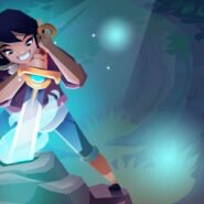 Personnage animé retirant une épée d'un rocher dans la forêt