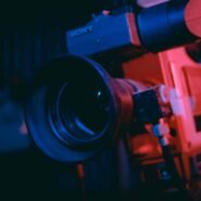 Caméra vidéo rétro éclairée par des lumières néon