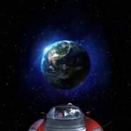 Voiture rouge avec mannequin flottant devant la Terre dans l'espace