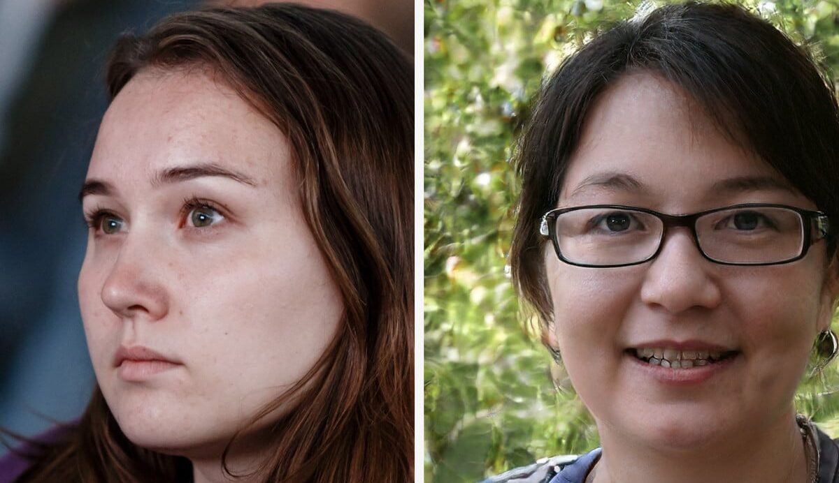 Deux femmes, l'une regardant au loin, l'autre souriante avec des lunettes