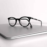 Lunettes noires posées sur un ordinateur portable argenté