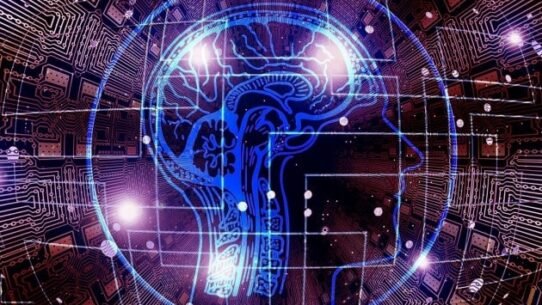 Illustration d'un cerveau humain stylisé sur fond de circuits électroniques