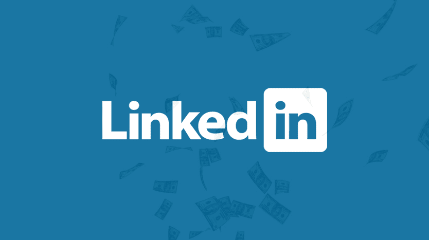 Logo LinkedIn sur fond bleu avec des billets de banque en arrière-plan