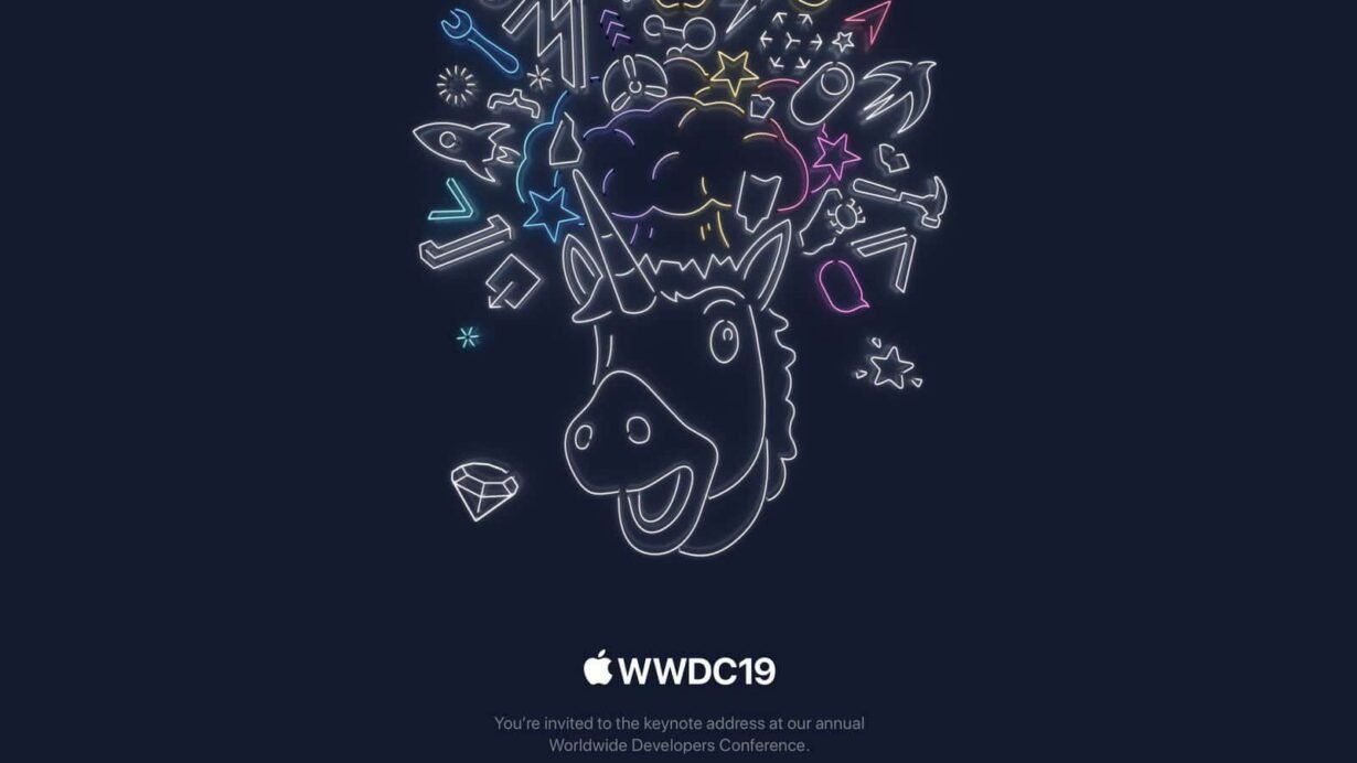 Affiche de la conférence Apple WWDC 2019 avec une licorne et des icônes