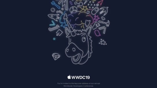 Affiche de la conférence Apple WWDC 2019 avec une licorne et des icônes