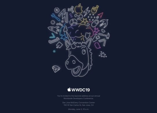 Affiche de la conférence Apple WWDC 2019 avec une licorne et des icônes