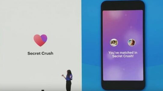 Présentation de Secret Crush avec une personne sur scène et un écran de smartphone