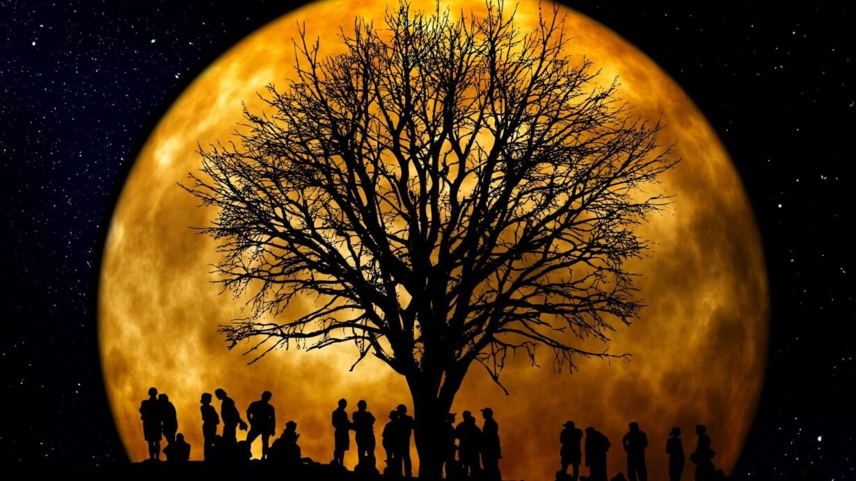 Silhouettes d'un arbre et de personnes devant une pleine lune lumineuse
