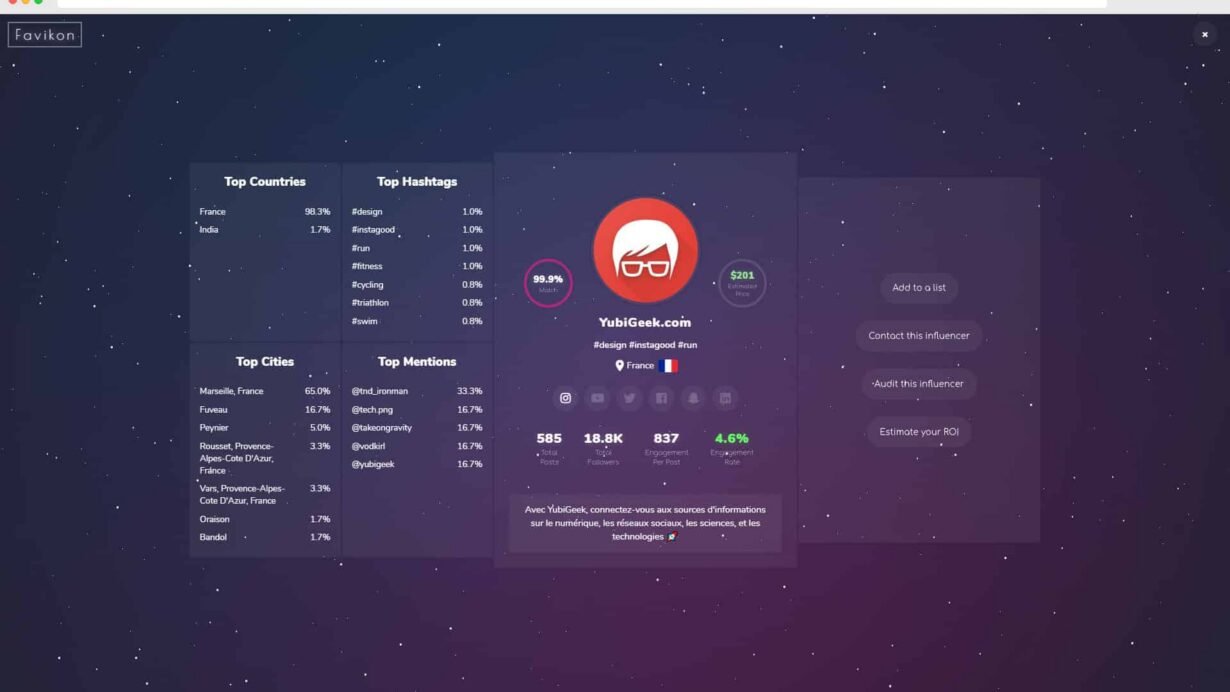 Interface de Favikon montrant les statistiques d'un influenceur