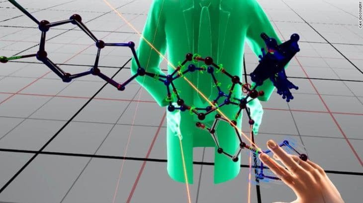 Main interagissant avec des molécules en réalité virtuelle