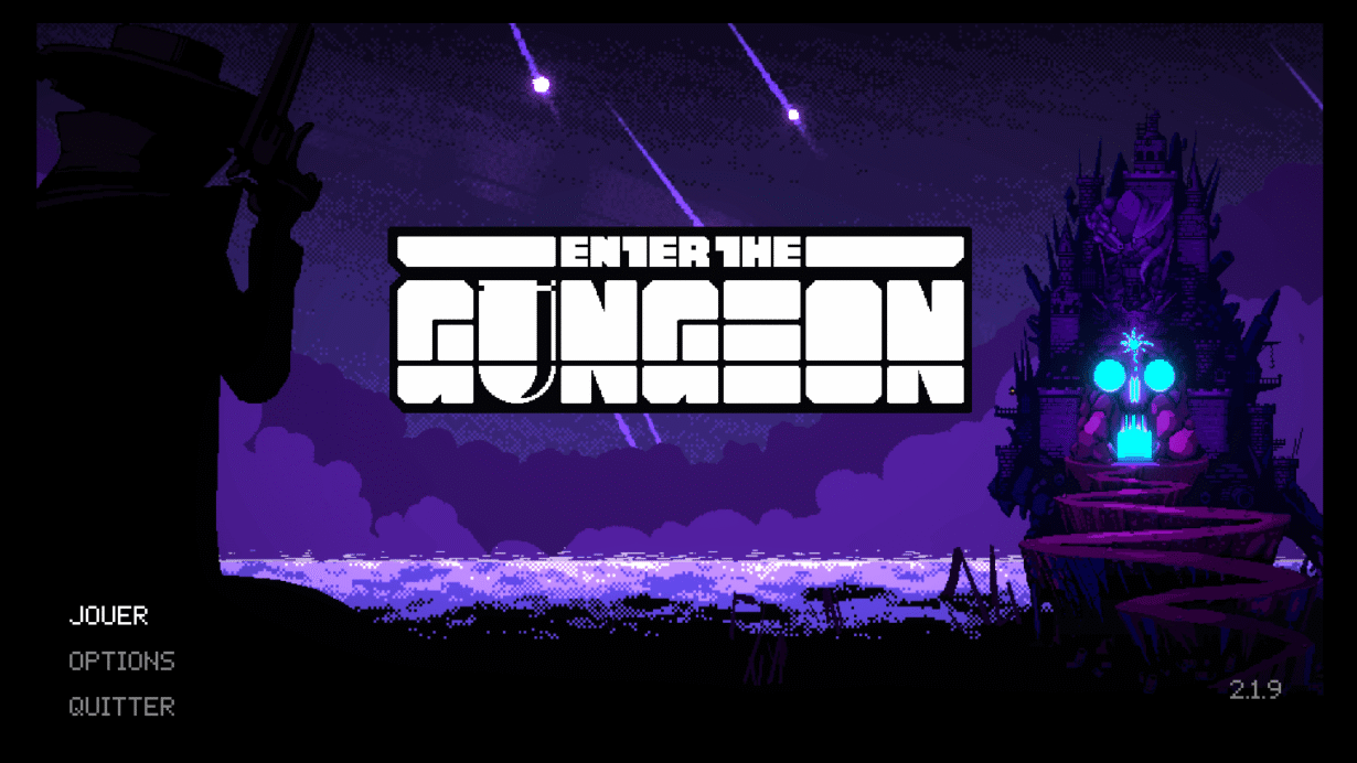 Écran de titre du jeu vidéo Enter the Gungeon avec silhouette armée