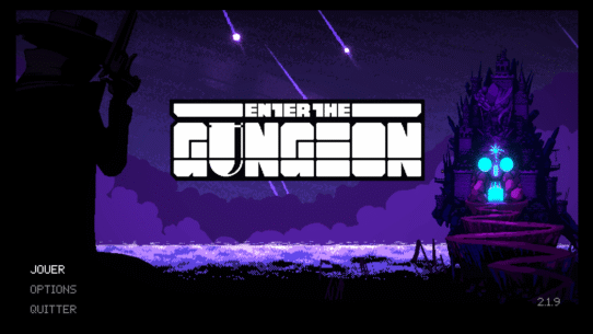 Écran de titre du jeu vidéo Enter the Gungeon avec silhouette armée