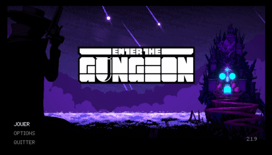 Écran de titre du jeu vidéo Enter the Gungeon avec silhouette armée