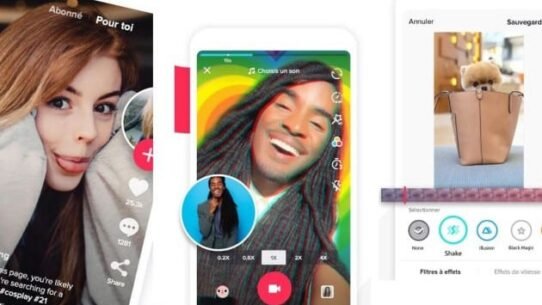Trois écrans de smartphone avec des filtres vidéo amusants
