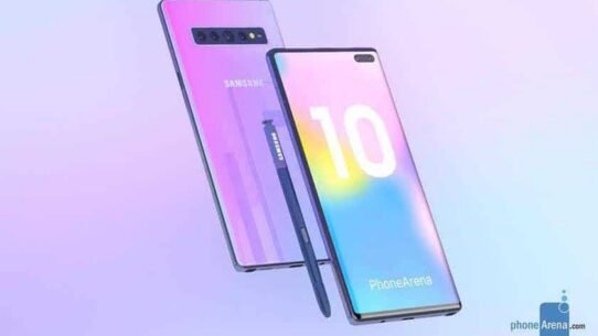 Samsung Galaxy Note 10 avec écran et stylet S Pen en arrière-plan