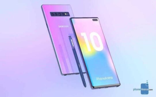 Samsung Galaxy Note 10 avec écran et stylet S Pen en arrière-plan