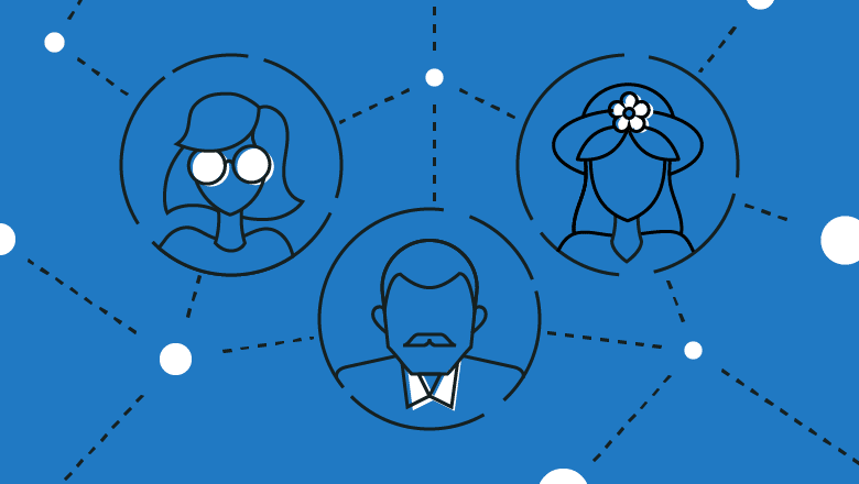 Illustration de trois personnages connectés sur fond bleu
