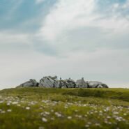 Maison en pierre entourée de rochers sur une colline fleurie