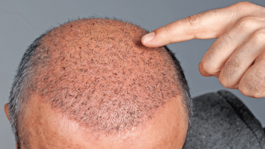 Homme montrant les résultats d'une greffe de cheveux sur le crâne