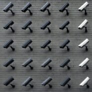 Rangée de caméras de surveillance fixées sur un mur en briques