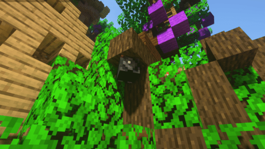 Structure en bois entourée de feuillage vert et de blocs violets