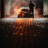 Homme nettoyant une voiture dans une station de lavage nocturne