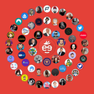 Cercle composé de divers logos et avatars sur fond rouge