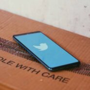 Smartphone affichant un logo d'oiseau bleu sur une boîte en carton