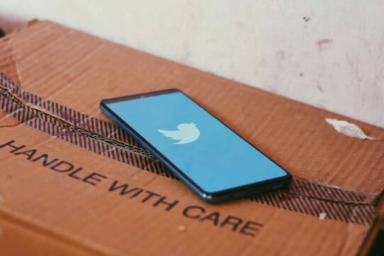 Smartphone affichant un logo d'oiseau bleu sur une boîte en carton