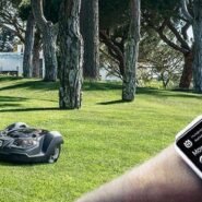 Robot tondeuse autonome géré via une montre connectée dans un grand jardin