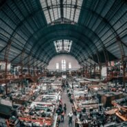 Vue intérieure d'un marché couvert animé avec des stands variés
