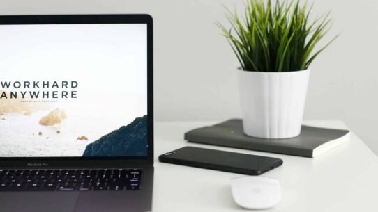 Ordinateur portable et plante sur un bureau blanc