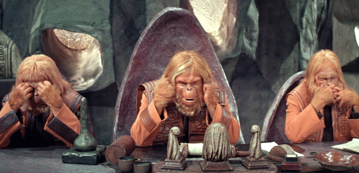 Trois singes assis recréent la posture des trois singes de la sagesse