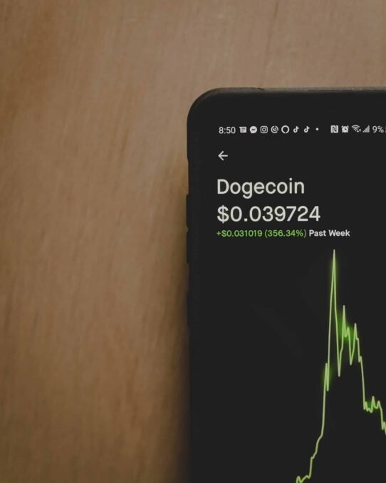Graphique du cours du Dogecoin affiché sur un smartphone